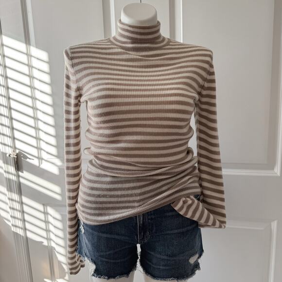 Vince Sweaters - Vince Beige Tan White Striped Cashmere Long Sleeve Turtleneck Sweater Size Large